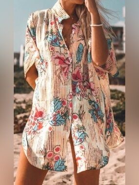 CUPSHE Floral Beach Cover-Up Shirt Dress in Cream, Pink & Blue